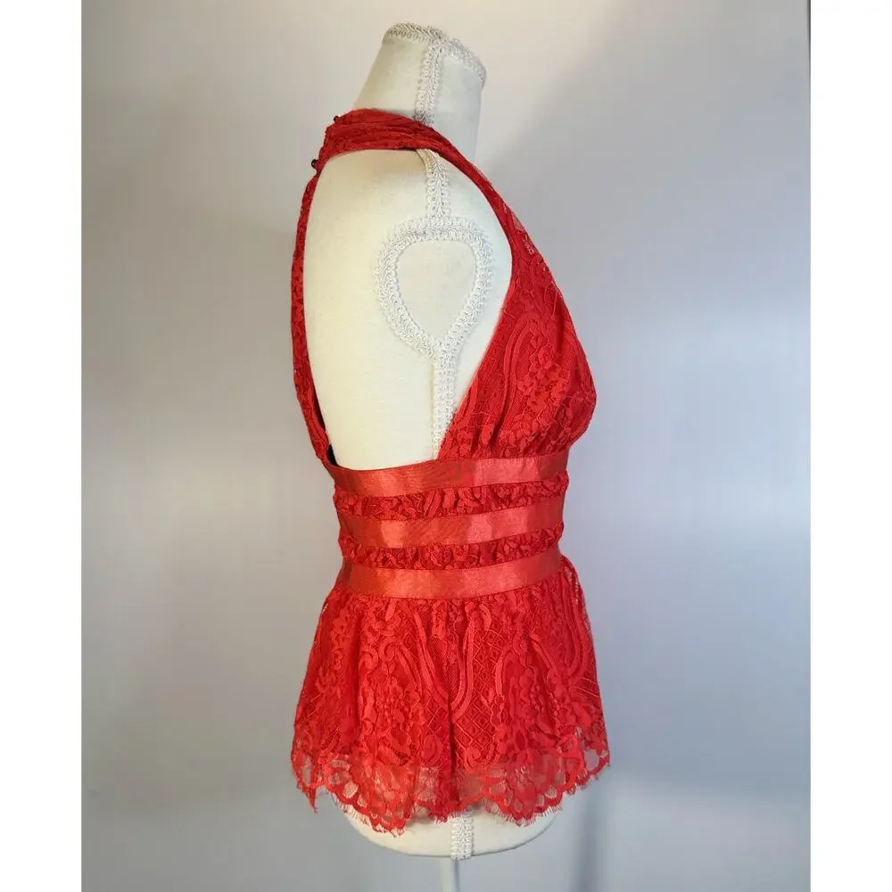 Bebe Lace Halter Peplum Top Poppy Red Women’s Small Plunge Satin Waist Y2K Party - Picture 4 of 16